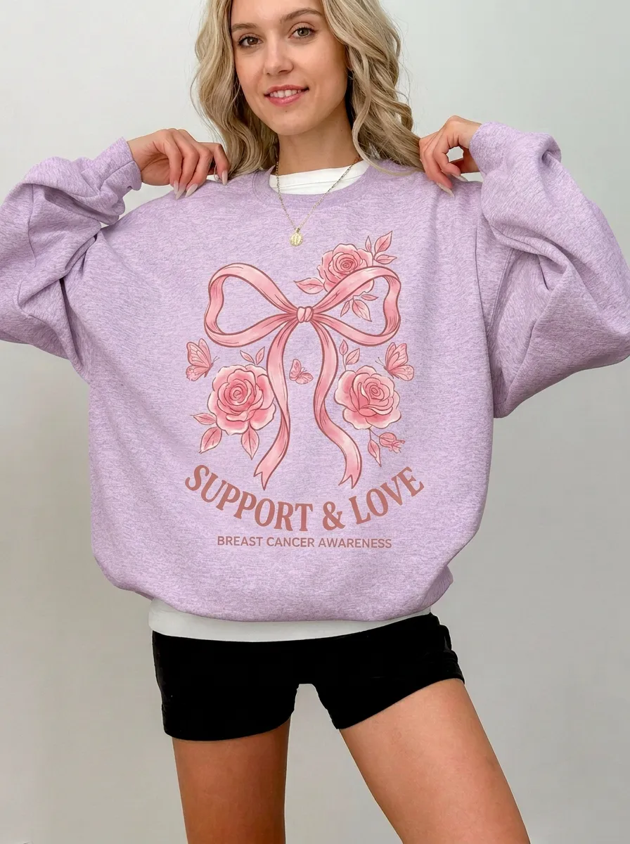 Women's Breast Cancer Awareness Pink Ribbon Rose Butterfly Printed Sweatshirt