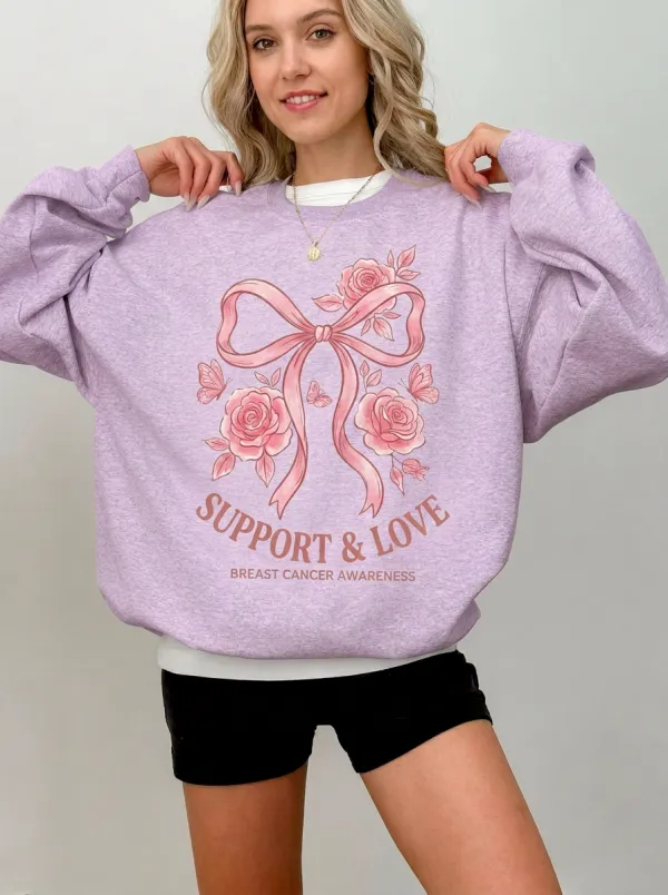 Women's Breast Cancer Awareness Pink Ribbon Rose Butterfly Printed Sweatshirt
