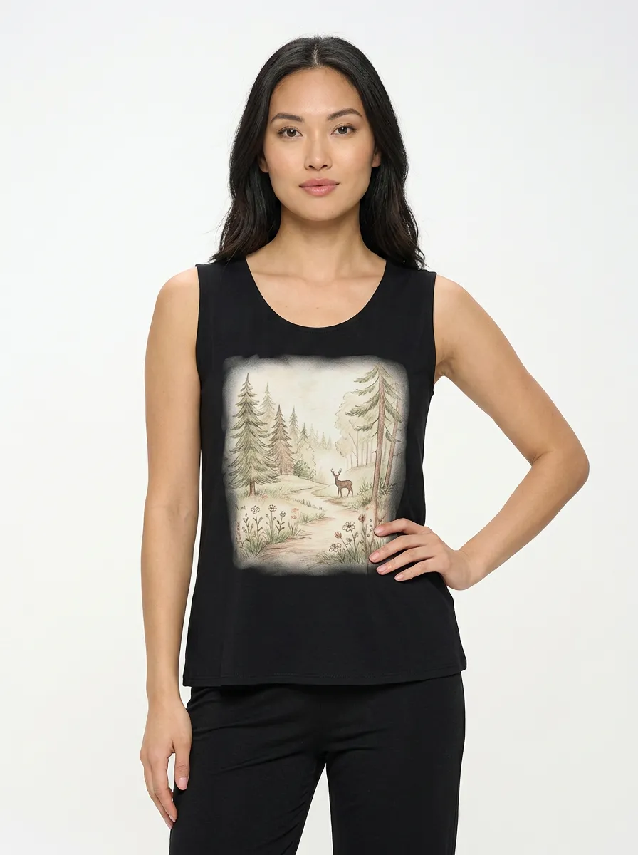 Women's Nature Lover Forest Deer Landscape Printed Tank Top