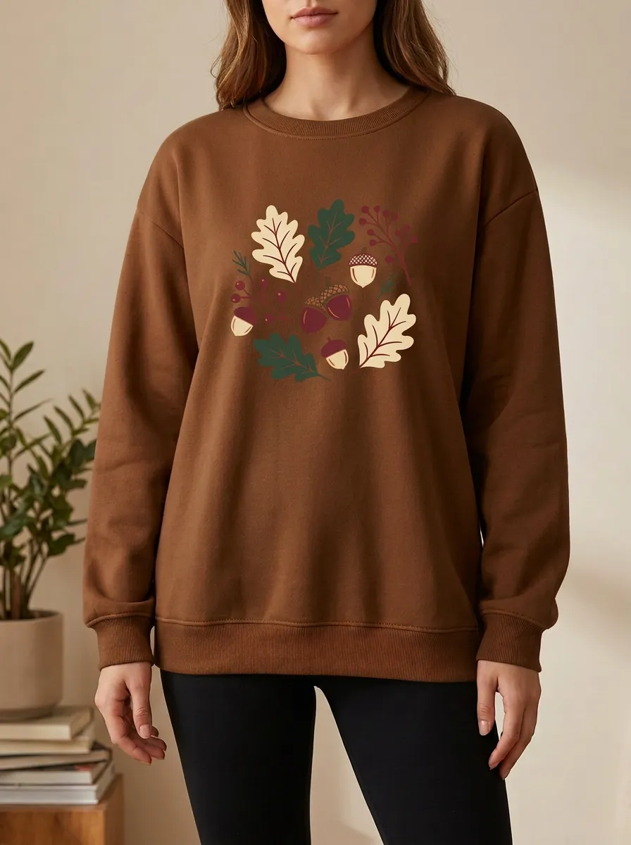 Printed Acorn Leaf-Motif Graphic Sweatshirt