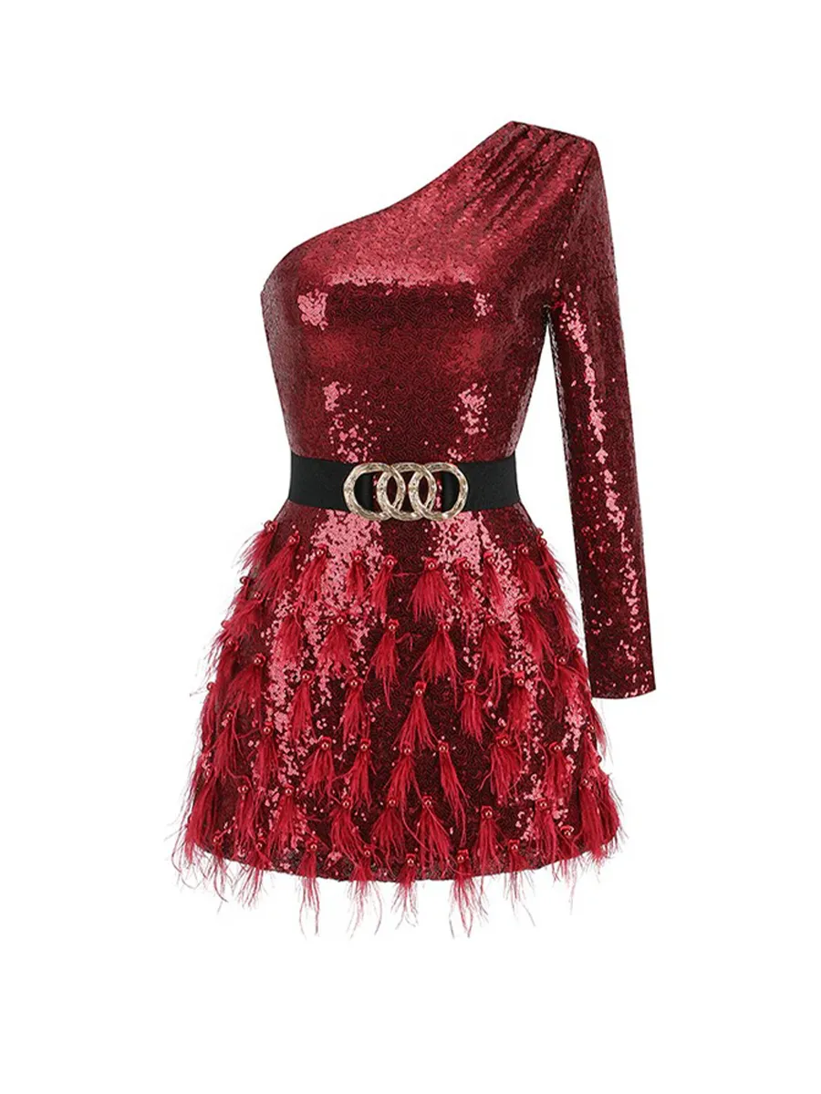 Adeline One Shoulder Sequins&Feather Cocktail Dress