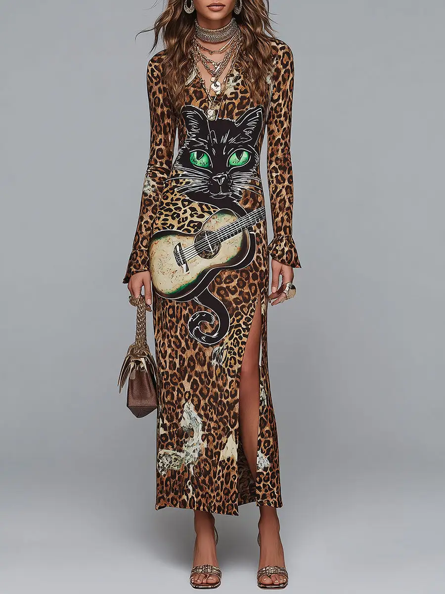 Retro Rock-style Leopard And Cat Print High-slit Maxi Dress
