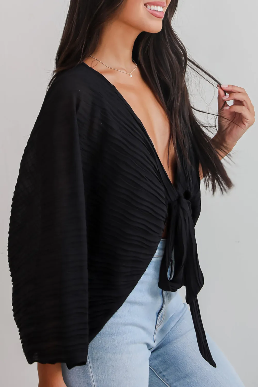 Black Pleated Tie-Front Blouse