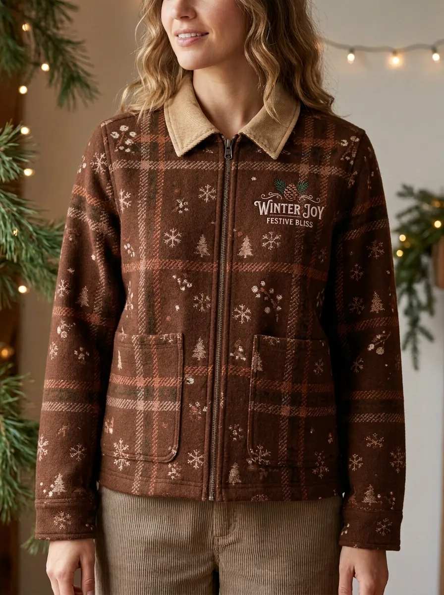 Christmas Winter Joy Snowflake Plaid Print Jacket