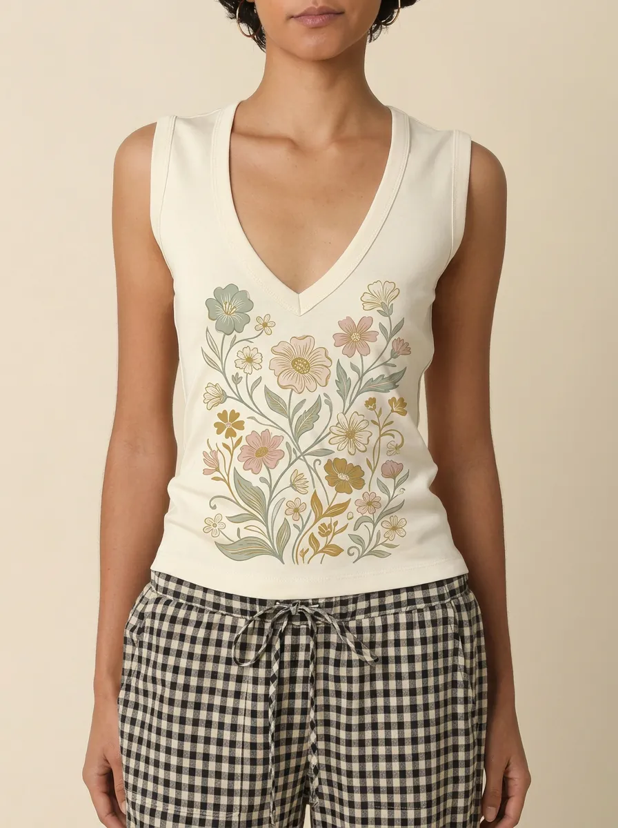 Women's Boho Floral Nature Lover Printed V-neck Tank Top