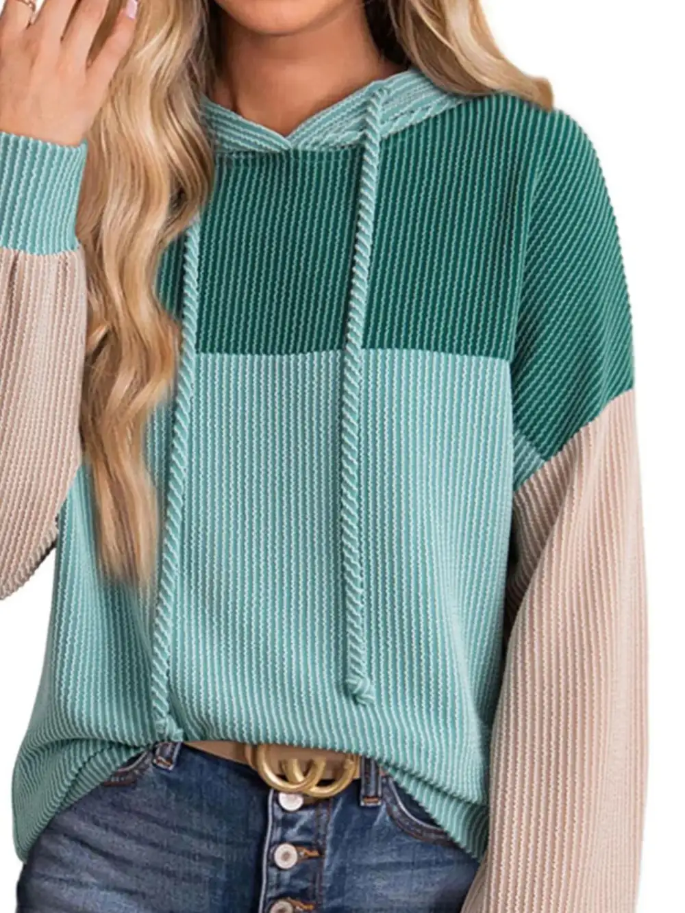 Relaxed Drawstring Long-Sleeve Colorblock Hoodie