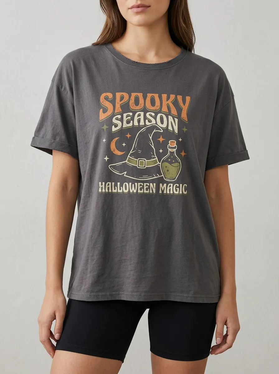 Women's Halloween Spooky Season Witch Hat Potion Printed T-shirt