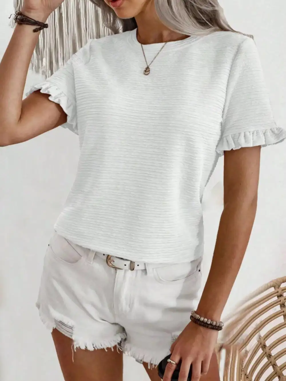 Textured Ruffle Sleeve Round Neck Blouse