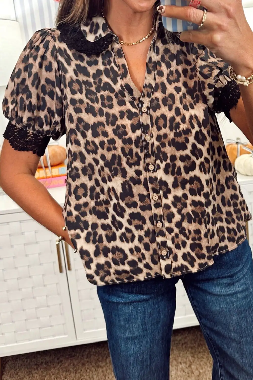Leopard Print Lace Trim Button Front Shirt Blouse