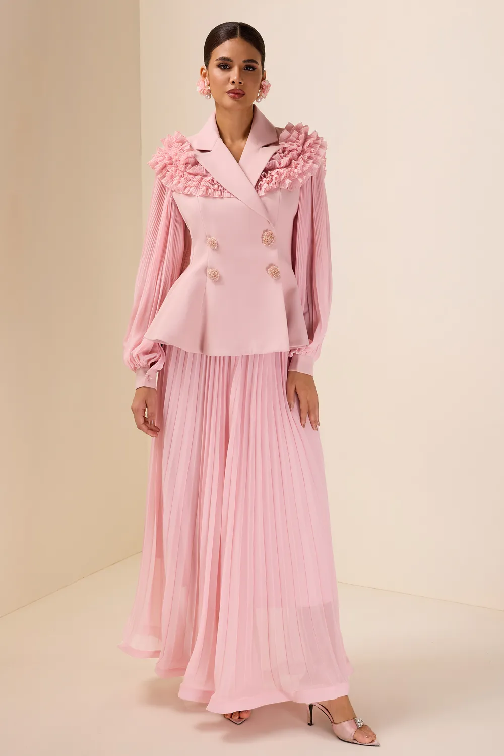 Frill Tailored Collar Pleated Top & Maxi Skirt Set