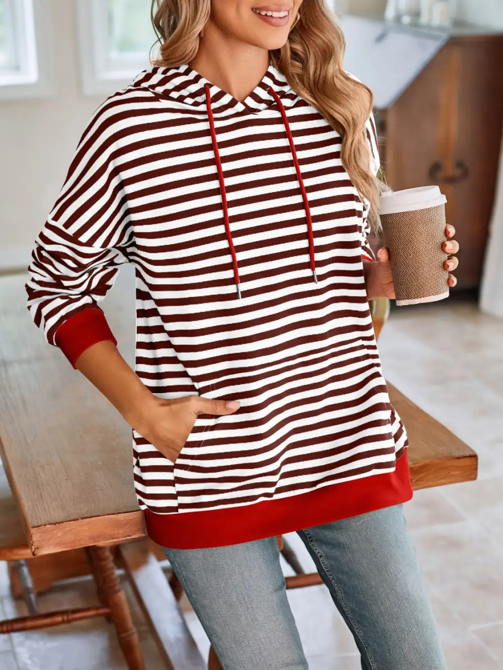 Drawstring Long-Sleeve Striped Hoodie