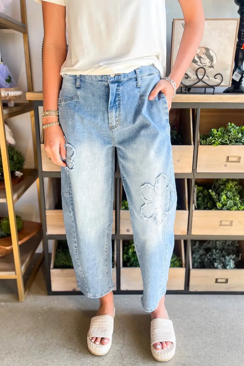 Flower Patch Washed Cropped High Waist Jeans