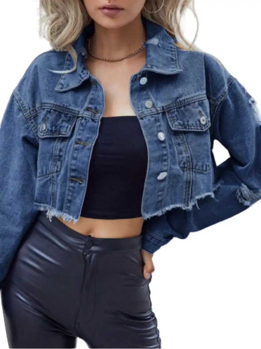 Denim Distressed Raw Hem Collared Long Sleeve Top