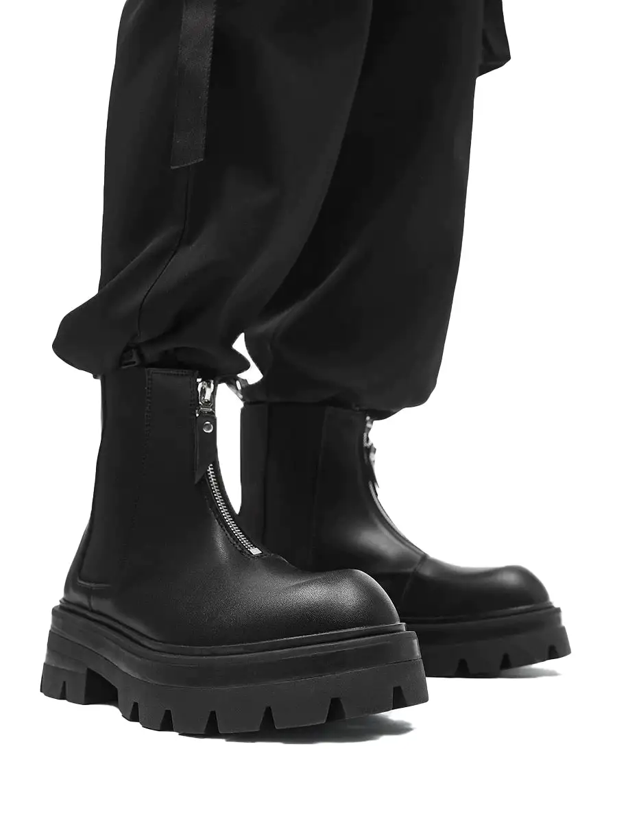 Chunky Sole Leather Zipper Chelsea Ankle Boots