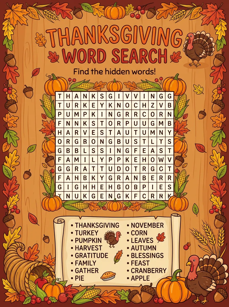 Kids Thanksgiving Pumpkin Word Search Activity Poster