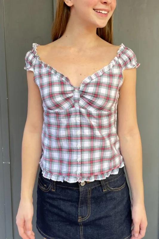 White Plaid Ruffle Top
