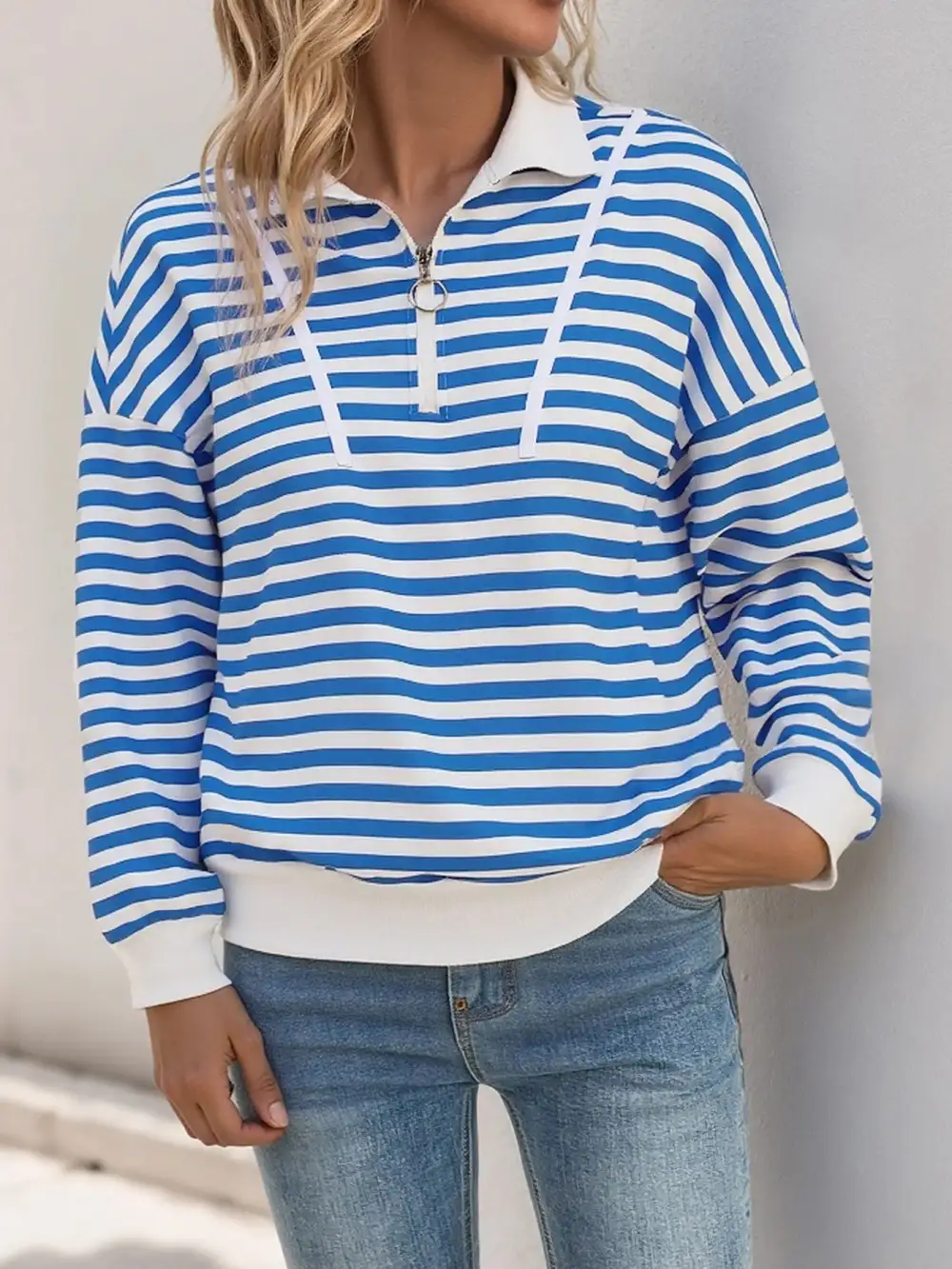 Quarter-Zip Drawstring Long-Sleeve Striped Hoodie