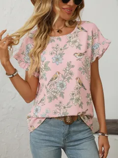 Bird Nature Ruffle-Sleeve Women's Loose Printed Blouse