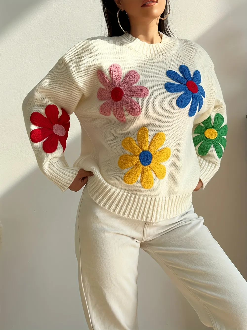 Floral Pattern Crew Neck Pullover Sweater Casual
