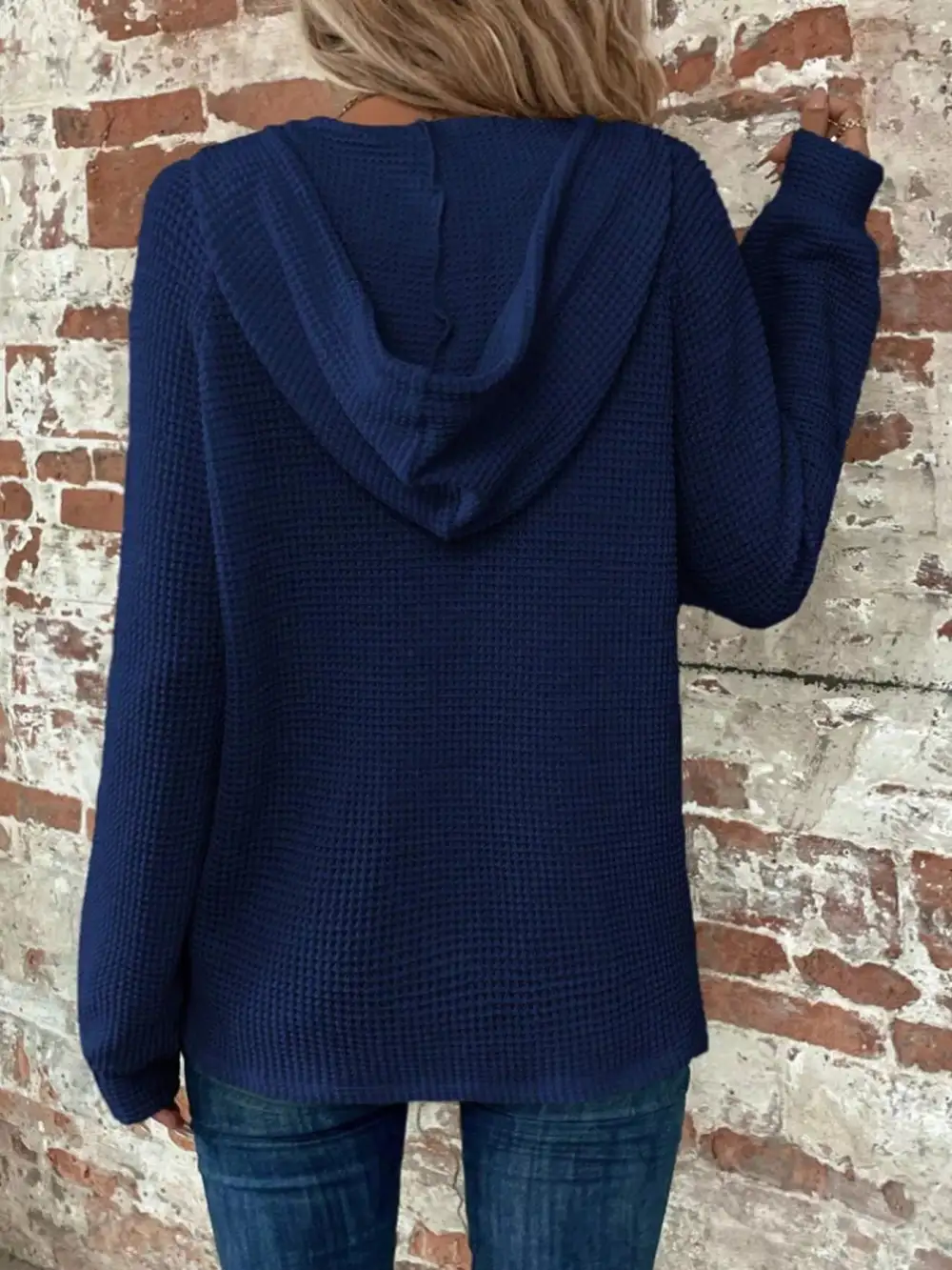 Drawstring Buttoned Pocketed Waffle-Textured Hoodie