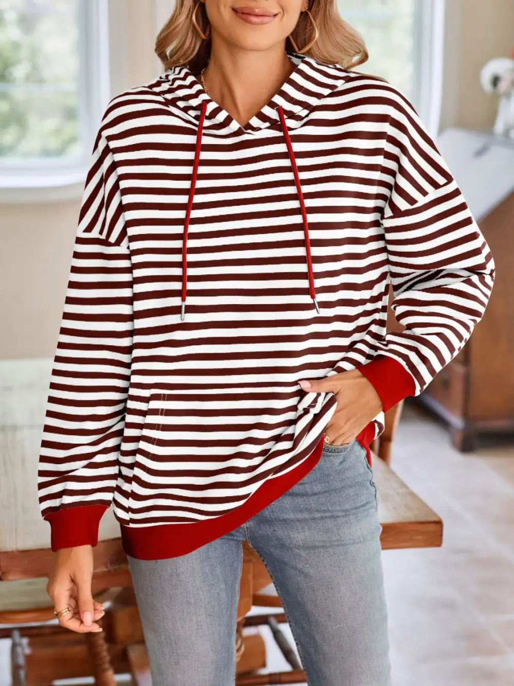 Drawstring Long-Sleeve Striped Hoodie