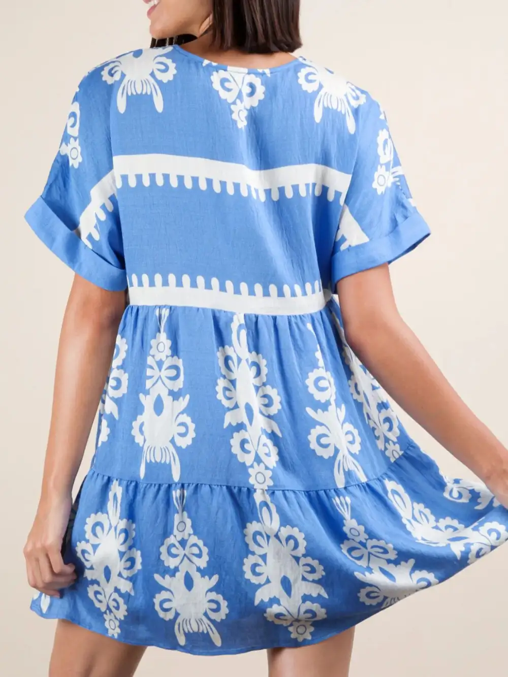 Printed V Neck Short Sleeve Mini Dress