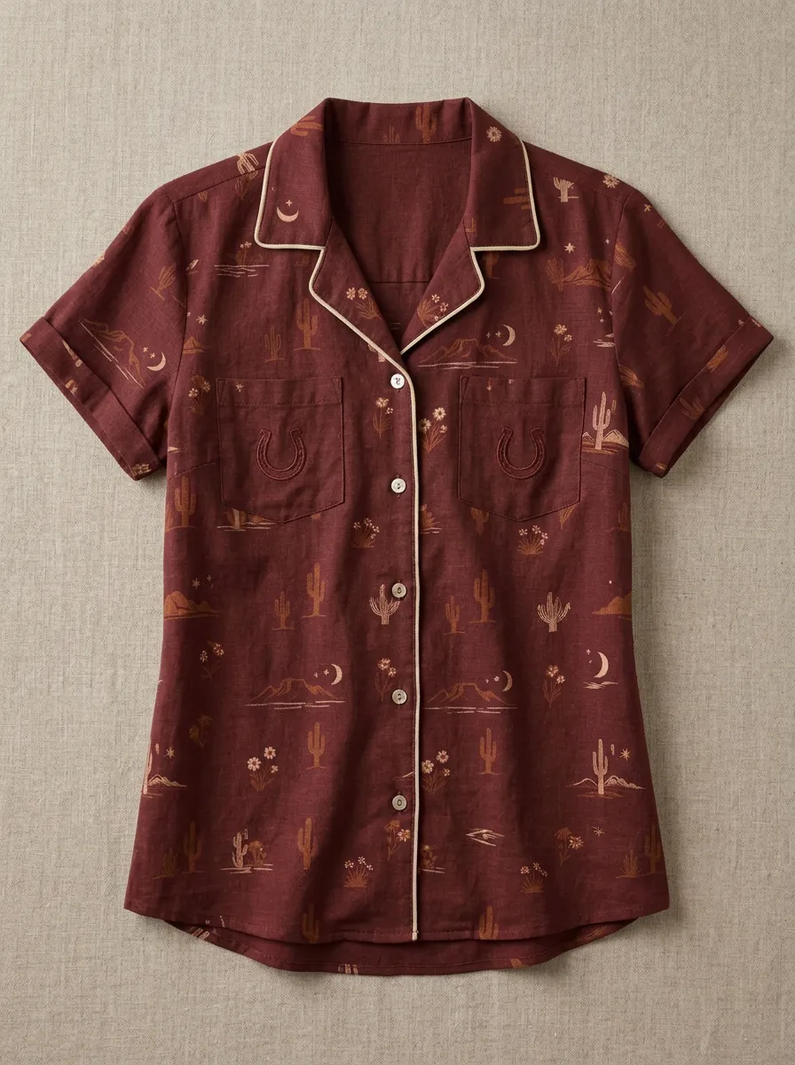 Women's Western Olive Desert Print Camp Collar Shirt