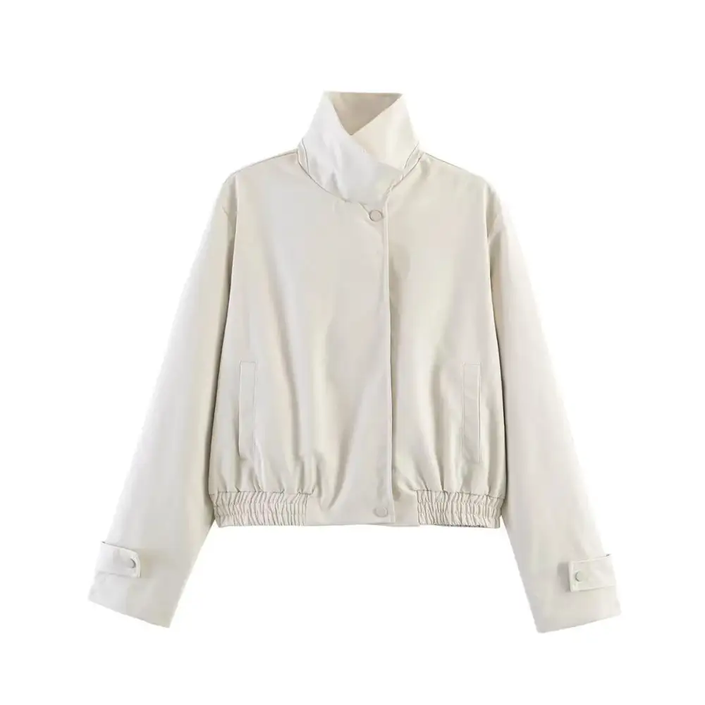Cropped Stand Collar Snap Front Elastic Hem Bomber Jacket