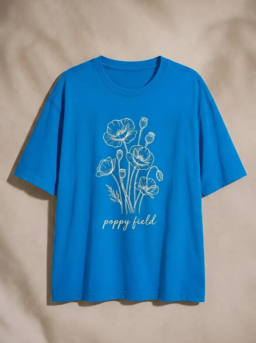 Unisex Nature Lover Poppy Field Line Art Printed T-shirt