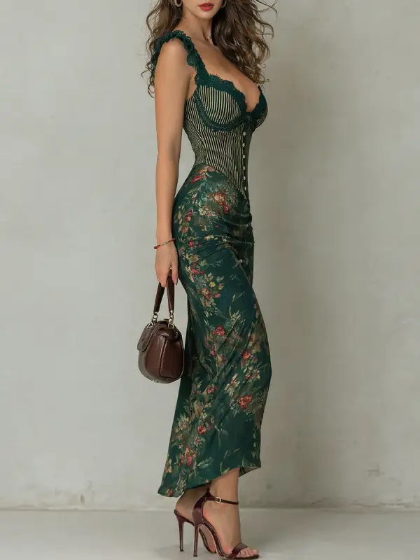 Vintage Lace Trim Striped Flower Print Maxi Dress