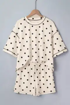 Drawstring Polka-Dot Tee and Shorts Matching Set