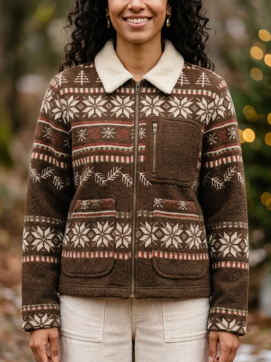 Christmas Snowflake Tree Pattern Print Fleece Jacket