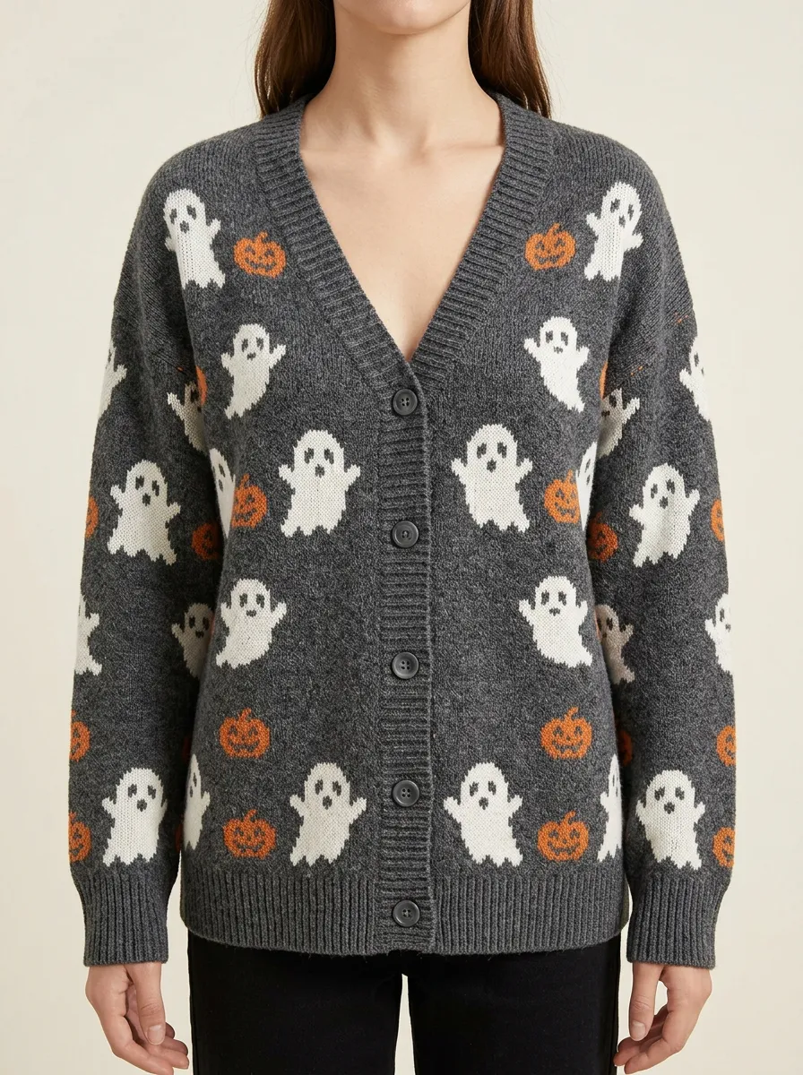 Women's Spooky Ghost Pumpkin Halloween Print Cardigan