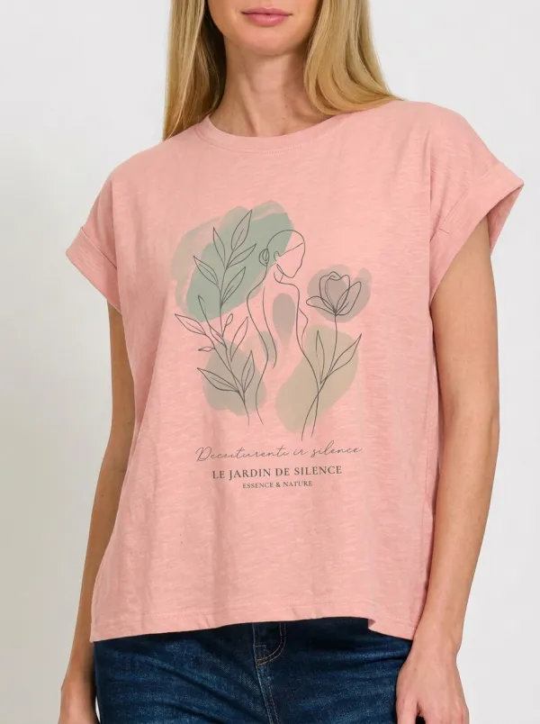 Women's Botanical Line Art Floral Printed T-shirt