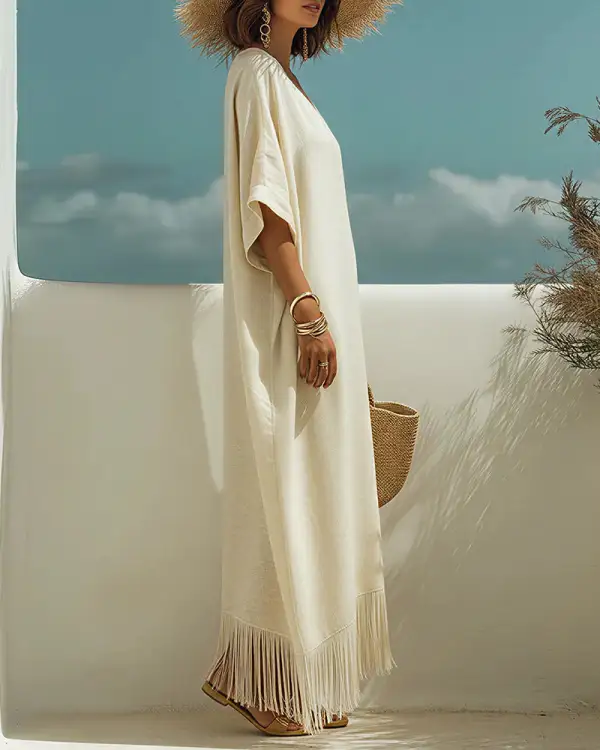 Bohemian V-Neck Fringe Midi Dress