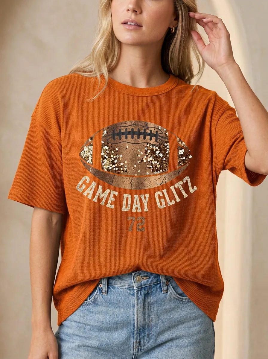 Women's Football Fan Game Day Glitz Sequin Rugby Printed T-shirt
