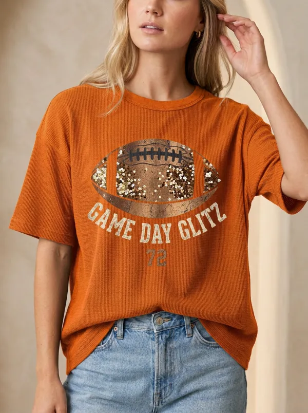 Women's Football Fan Game Day Glitz Sequin Rugby Printed T-shirt