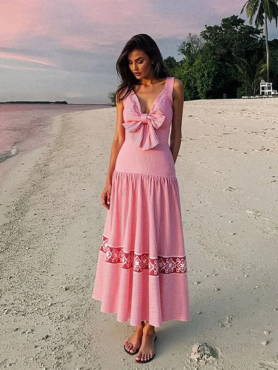 Estella 3D Floral-Embellished Striped Swimsuit Set