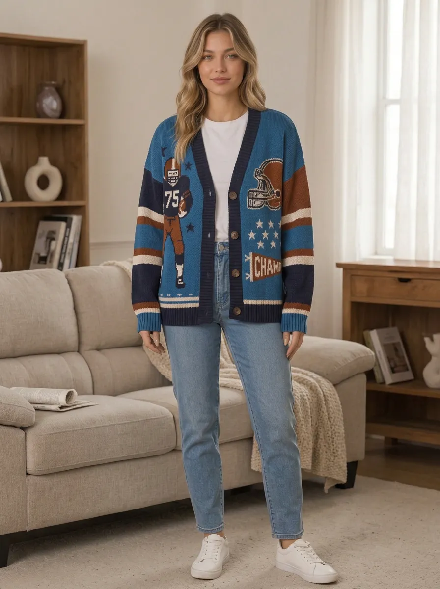 Women's Football Fan Helmet Player Pattern Knitted Cardigan