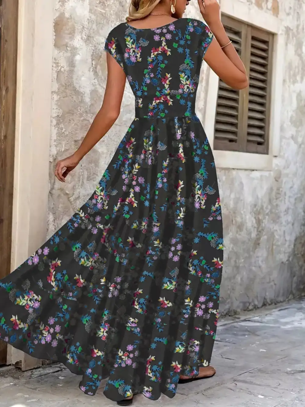 Relaxed Printed V Neck Cap Sleeve Maxi Dress