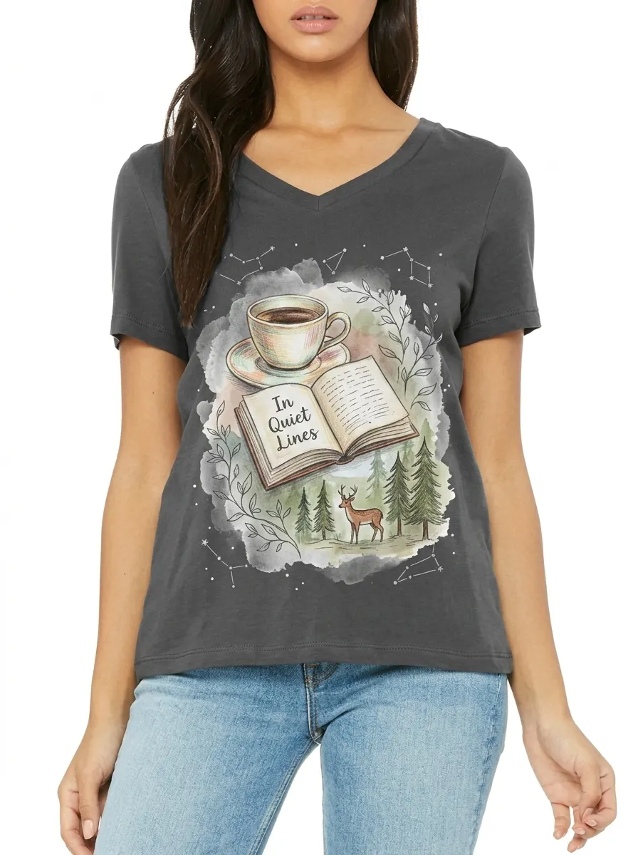 Women's Book Coffee Deer Forest Printed V-Neck T-Shirt