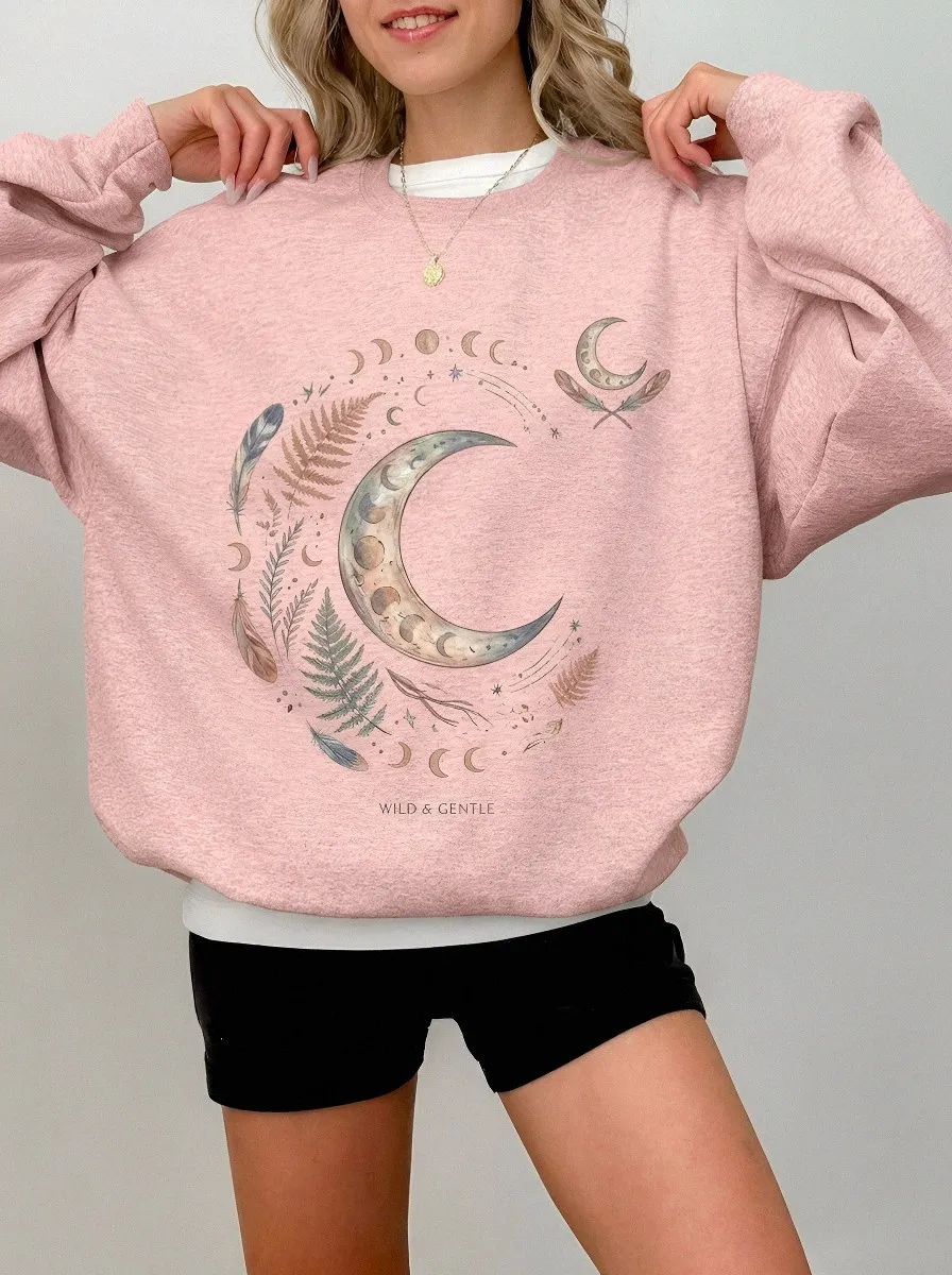 Women's Celestial Moon Fern Feather Printed Sweatshirt