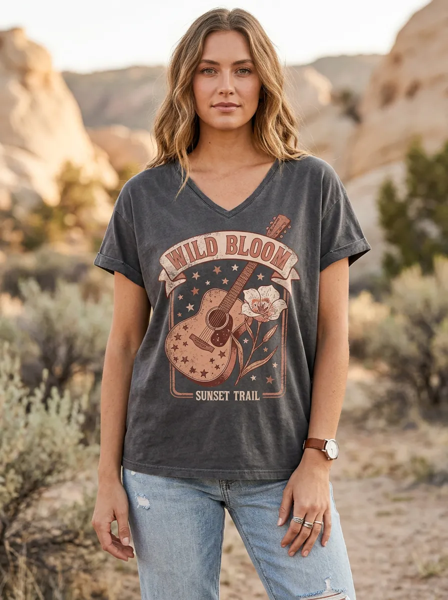Women's Western Wild Bloom Guitar Sunset Trail Printed V-neck T-shirt