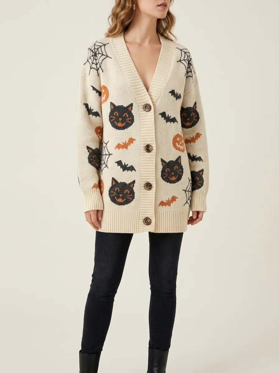 Women's Halloween Cat Pumpkin Bat Spiderweb Patterned Knit Cardigan