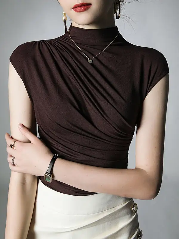 Slim Fit Pleat Detail Mock Neck T-Shirt