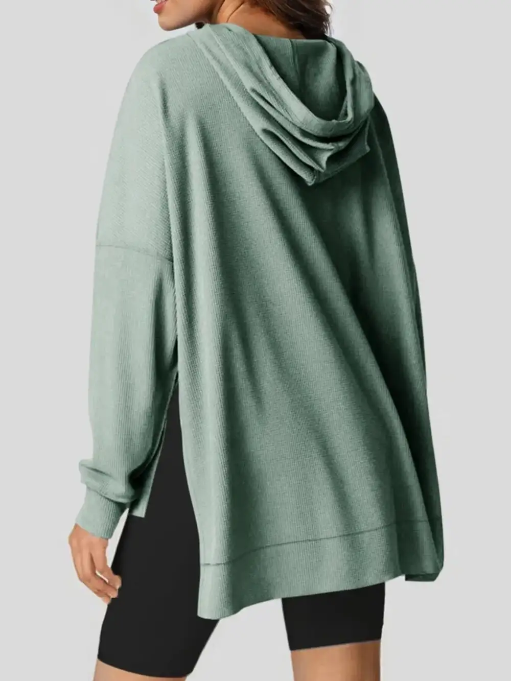 Tailored Drawstring Pocketed Waffle-Textured Knit Hoodie
