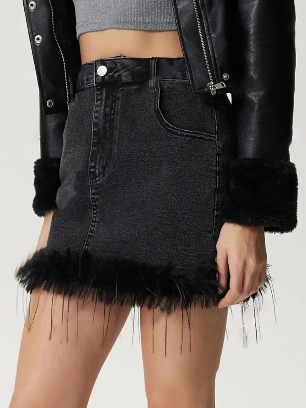 Fine Button Front Denim Detail Skirt