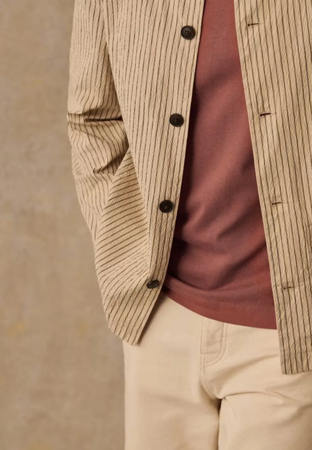 Beige Green Stripe Seersucker Casual Chore Jacket