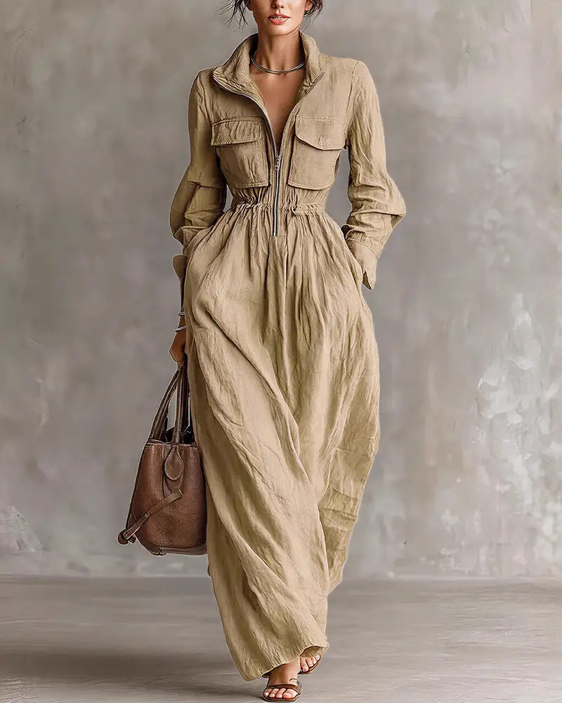 French Chic Zip-Up Lapel Maxi Dress With Cinched Waist