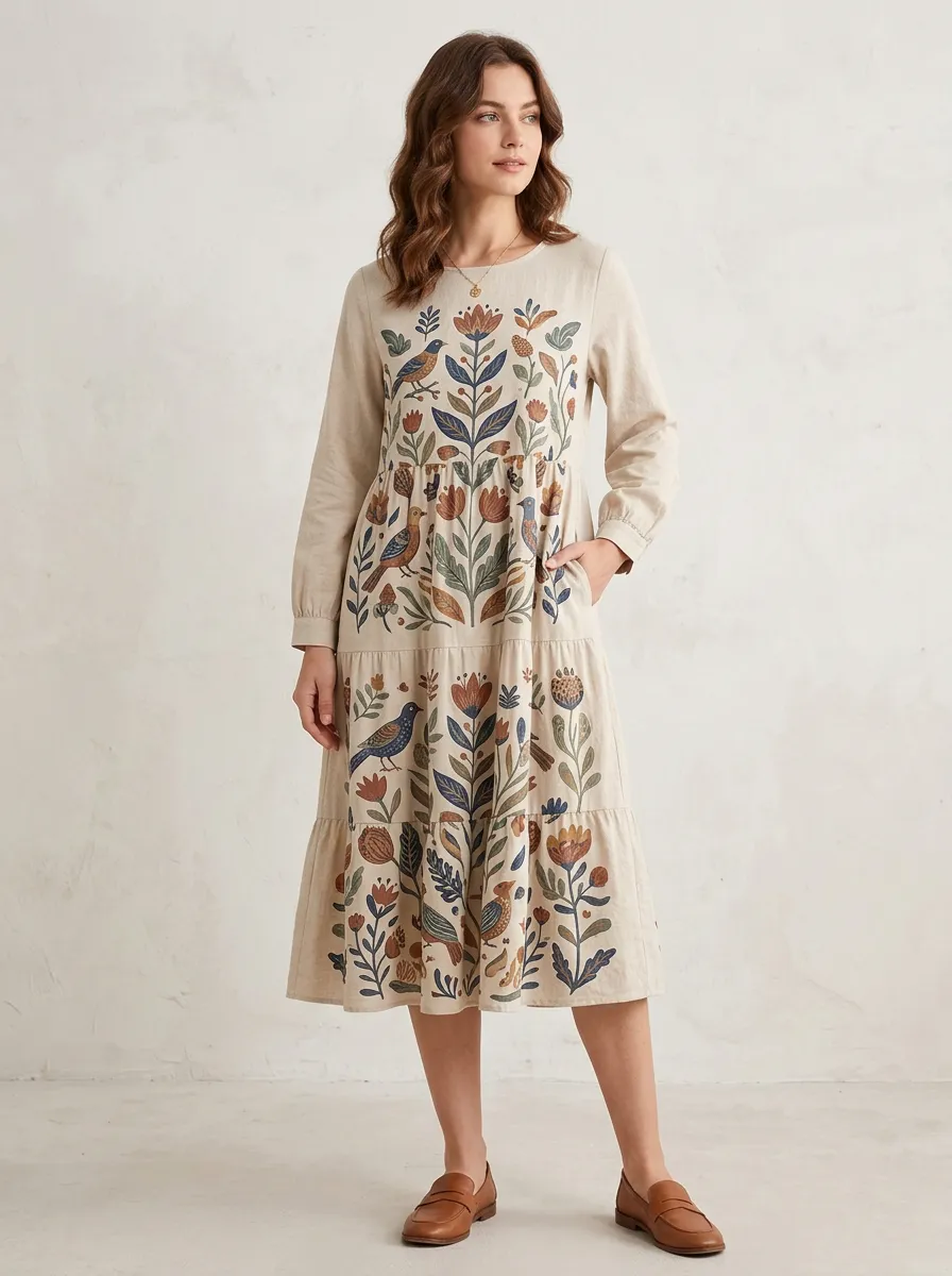 Botanical Bird Floral Folk Art Midi Dress
